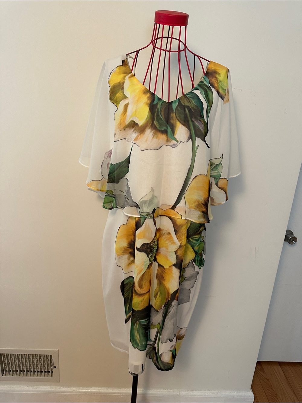 Women's White Midi Dress with Yellow Floral Print